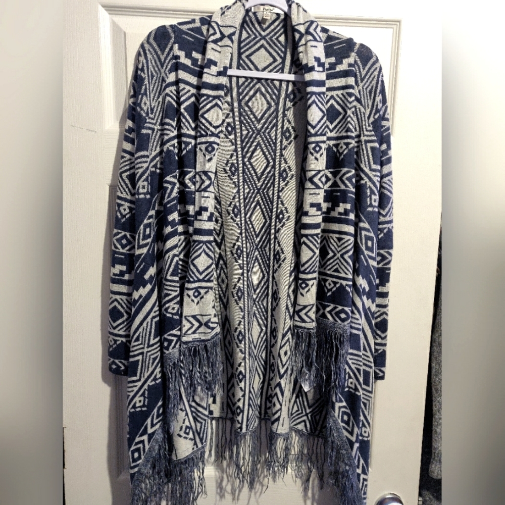 AZTEC FRINGED CARDIGAN SWEATER